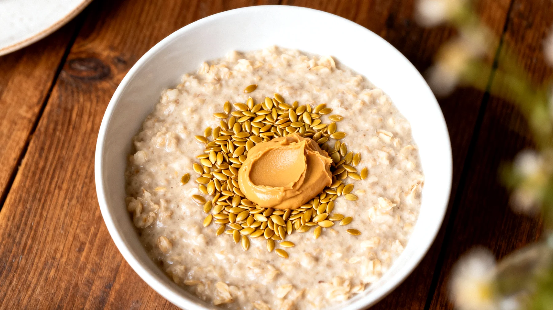 Porridge d'avoine aux graines de lin dorées et purée d'amandes"