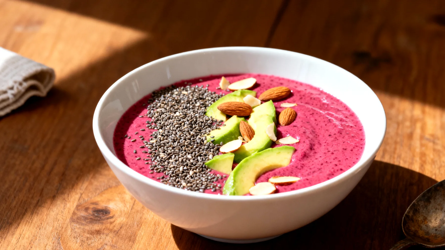 Smoothie bowl aux graines de chia, avocat et amandes"